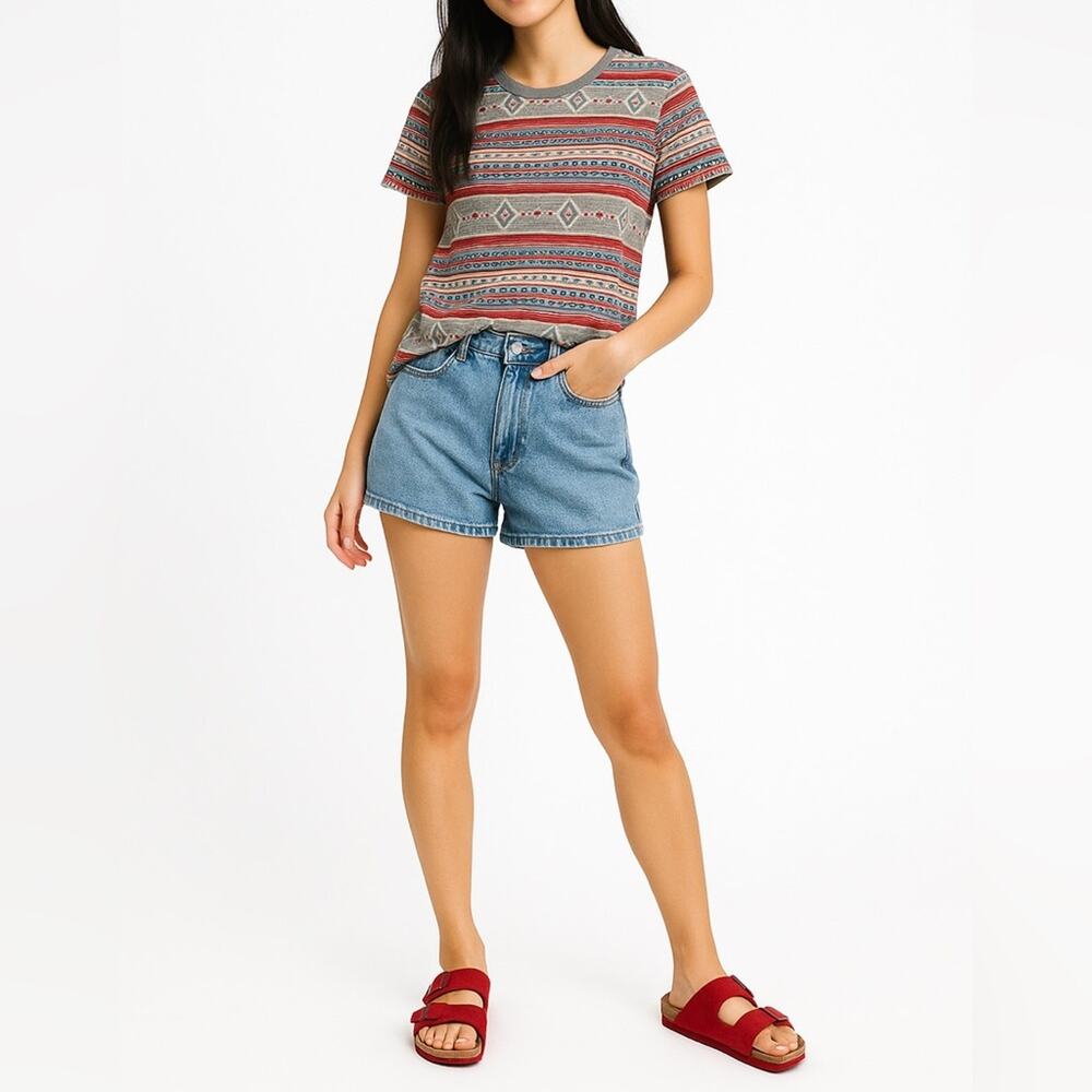 ON THE BYAS Aztec Print T-Shirt | M | Gray Red Blue | Retro 90s Streetwear